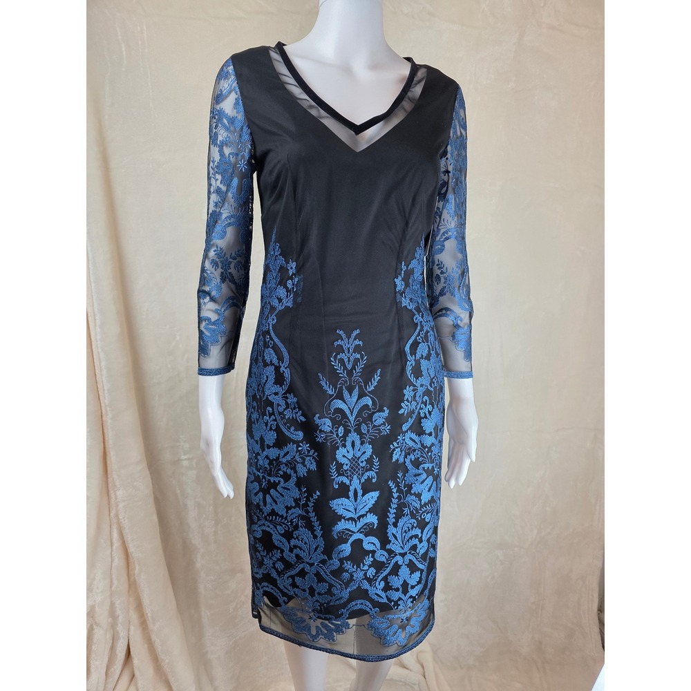 Etcetera Black Blue Lace Sheer Sleeve V‎ Neck Sheath Dress Size 2
